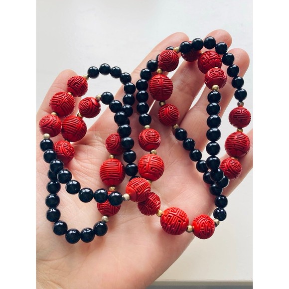 Vintage Chinese carved red cinnabar beaded Necklace